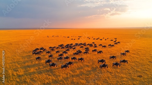 Wildebeest Herd Connochaetes taurinus phylum Chordata class Mammalia order Artiodactyla family Bovidae scattered across savannah plains their shadows forming patterns under morning sky photo