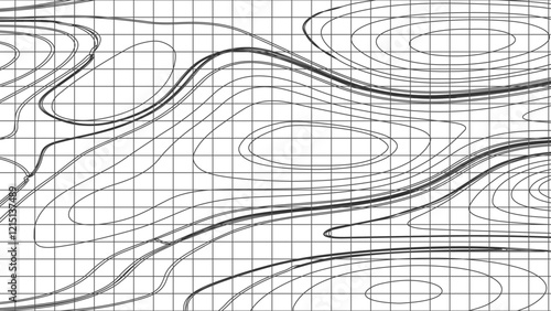 Topographic map contours in hilly or mountainous terrain, similar cartography illustration. Topography and geography map grid abstract backdrop.