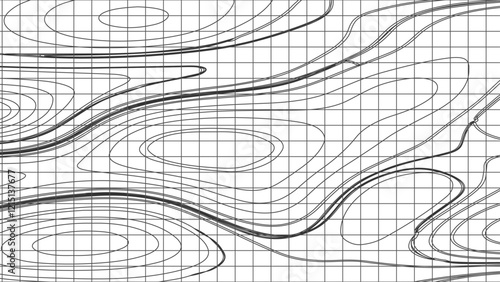 Topographic map contours in hilly or mountainous terrain, similar cartography illustration. Topography and geography map grid abstract backdrop.