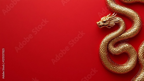 Golden Dragon Snake Red Background Chinese New Year Luxury Festive Elegant Design Graphic Art Illustration 3D Render Abstract Modern Minimalist        photo