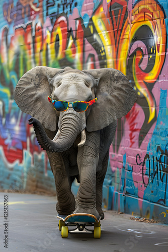 Wallpaper Mural Elephant on Skateboard with Sunglasses in Urban Graffiti Setting - Whimsical Frontier of Imagination and Creativity Torontodigital.ca