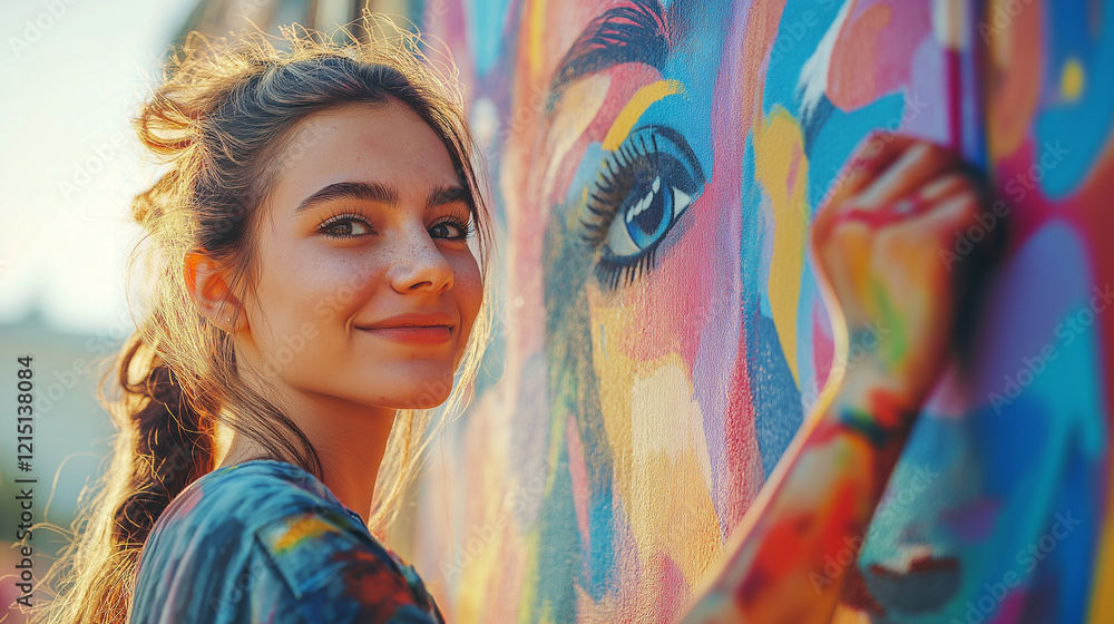 Fototapeta premium Teenager painting a mural on an urban wall, with vibrant colors and graffiti details in the background