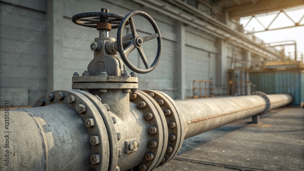 Industrial Valve System: Close-up of a Pipeline Shut-off Device with Copy Space Industrial Valve System: Close-up of a Pipeline Shut-off Device with Copy Space