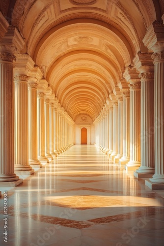 Long corridor with columns and arches creating a vanishing point in warm sunlight