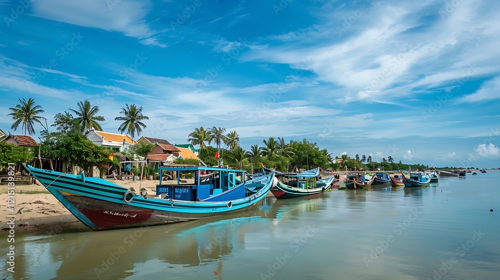 Colorful fishing boats rest on tranquil waters near a village Colorful fishing boats rest on tranquil waters near a village