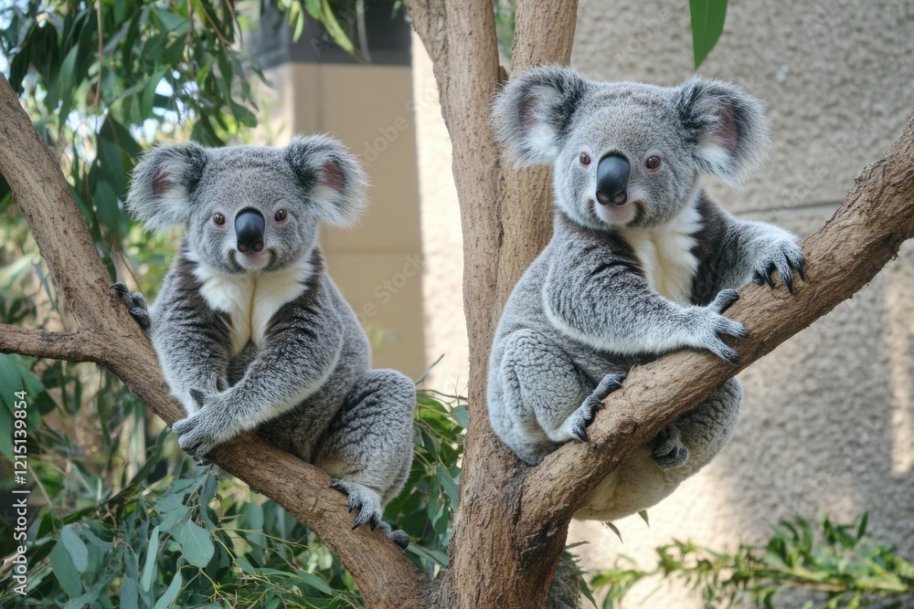 Fototapeta premium Adorable Mother and Baby Koalas Snuggled Together on a Tree in Their Natural Habitat