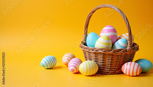 Happy Easter day decoration colorful eggs in a basket on plain background with copy space