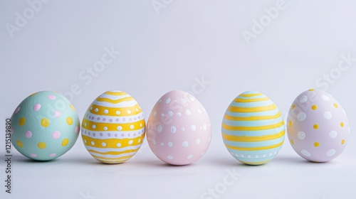 Vibrantly decorated easter eggs in a row on white background celebrating festive traditions
