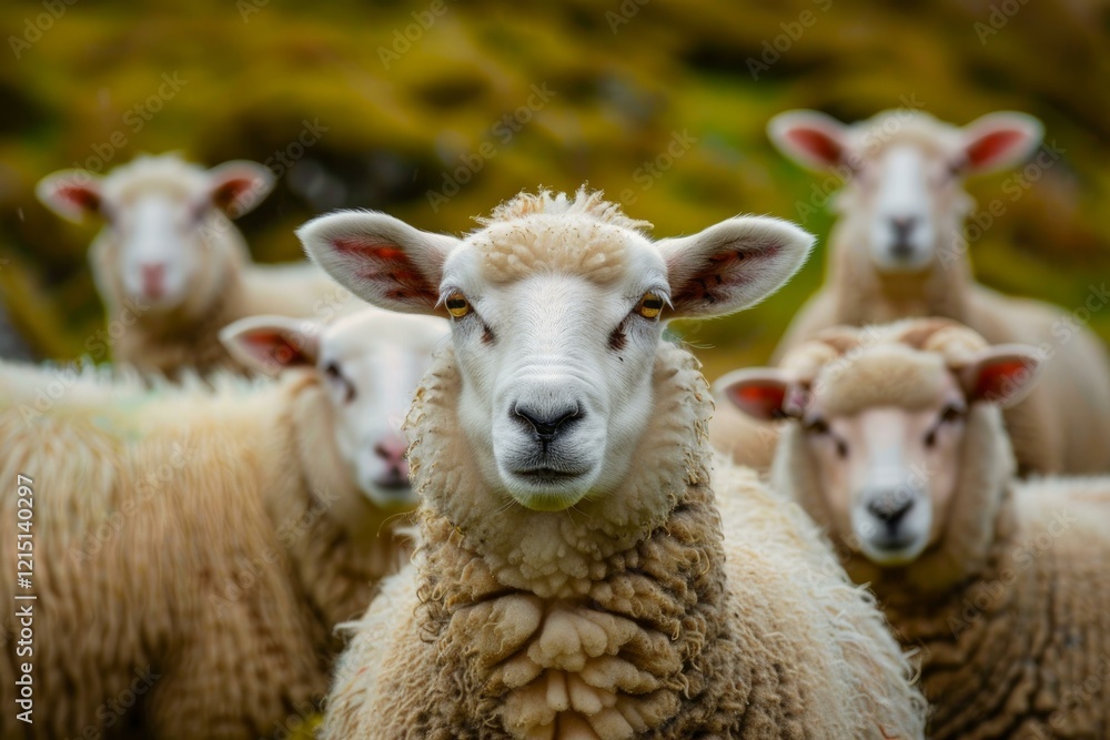 Sheep standing in grass field looking forward, herd of sheep staring, livestock and farming concept