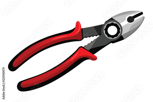 A pair of silver metal pliers with red and black rubber grips isolated on white studio background.