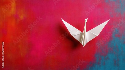 Elegant White Origami Crane on Vibrant Abstract Background photo