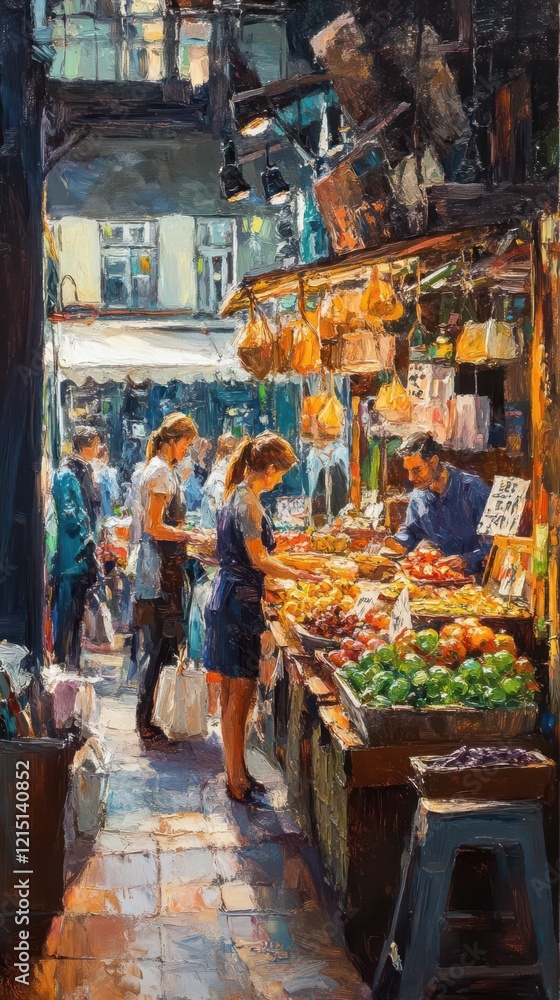 Fototapeta premium Create a vibrant oil painting of a classy Market stand, bustling with activity