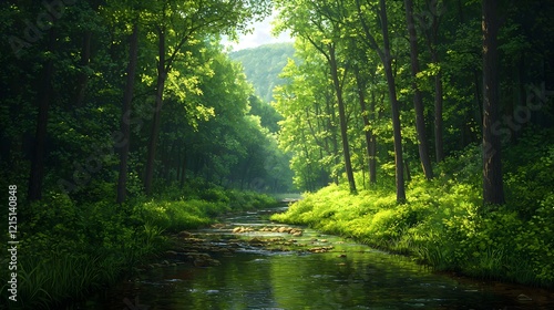 Tranquil Forest Landscape with Stream and Sunlight Through Foliage