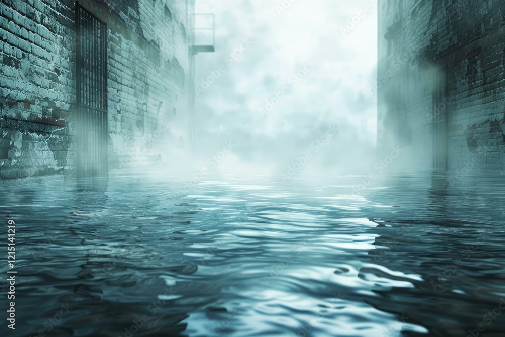 Fototapeta premium Dark and mysterious flooded alley with fog, creating a dramatic and eerie atmosphere