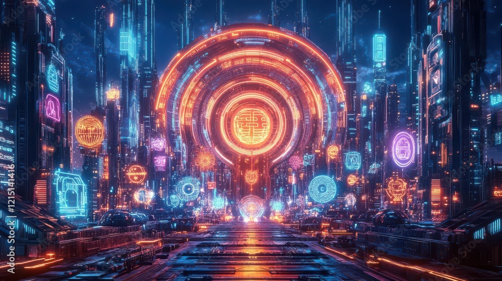 Obraz premium Create an eye-catching image of a Futuristic Neon City, showcasing myriad Cultural Icons