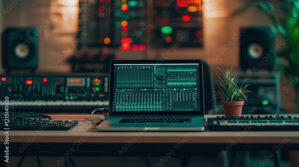 Sleek coworking table with green laptops and small potted plants, creative workspace vibe Sleek coworking table with green laptops and small potted plants, creative workspace vibe