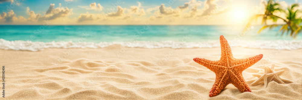 A tropical beach with a starfish on the sand. The sea and the rays of the bright sun are in the background. A banner with a place to copy the text. The concept of summer holidays. A tropical beach with a starfish on the sand. The sea and the rays of the bright sun are in the background. A banner with a place to copy the text. The concept of summer holidays.