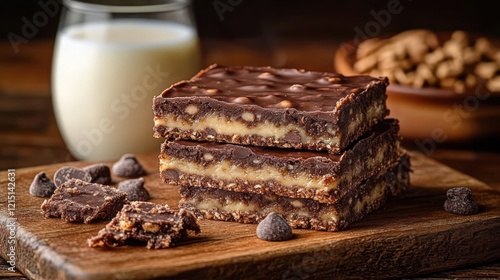 Chocolate peanut butter bars, milk, nuts, wood photo