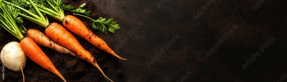Freshly harvested carrots and a white root vegetable are displayed against a dark background, highlighting their vibrant colors and earthy textures. Freshly harvested carrots and a white root vegetable are displayed against a dark background, highlighting their vibrant colors and earthy textures.