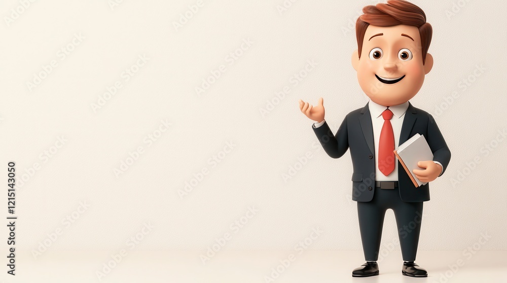Smiling Cartoon Businessman Making a Presentation: 3D Render of Friendly Character in Suit Gesturing and Holding Clipboard Against