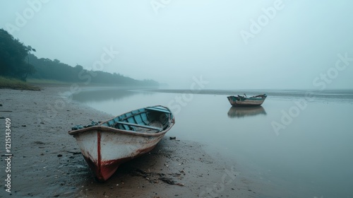 Two aged boats lay abandoned on a misty shoreline, evoking themes of solitude and the passage of time in a serene, foggy landscape. photo