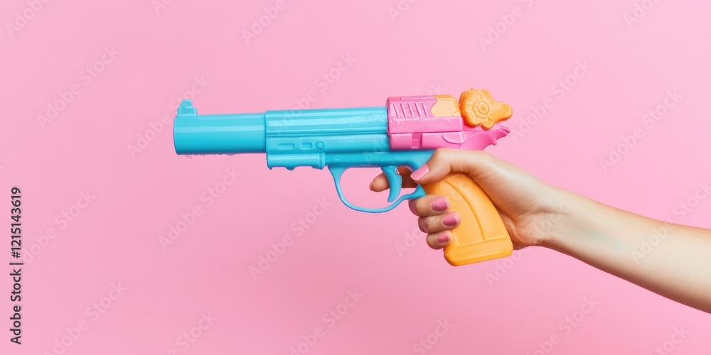 Vibrant Water Gun Held in Hand Against a Cheerful Pink Backdrop for Holiday Celebrations Vibrant Water Gun Held in Hand Against a Cheerful Pink Backdrop for Holiday Celebrations