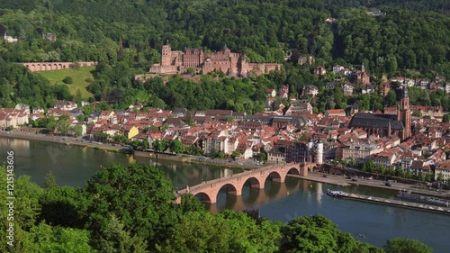 This panoramic view of Heidelberg, Germany, with the old bridge crossing the Neckar River from Philosophenweg.