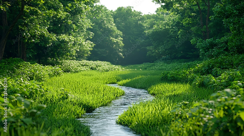 Naklejka premium Tranquil Stream Flowing Through Lush Green Forest Landscape
