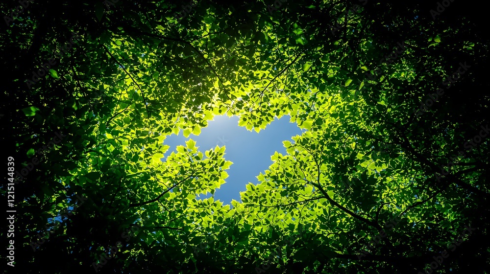 Fototapeta premium Sunlight Shining Through Green Leaves in a Forest Canopy Emanating Light