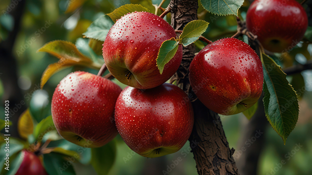 Obraz premium Cluster of ripe, red apples hanging from a tree branch