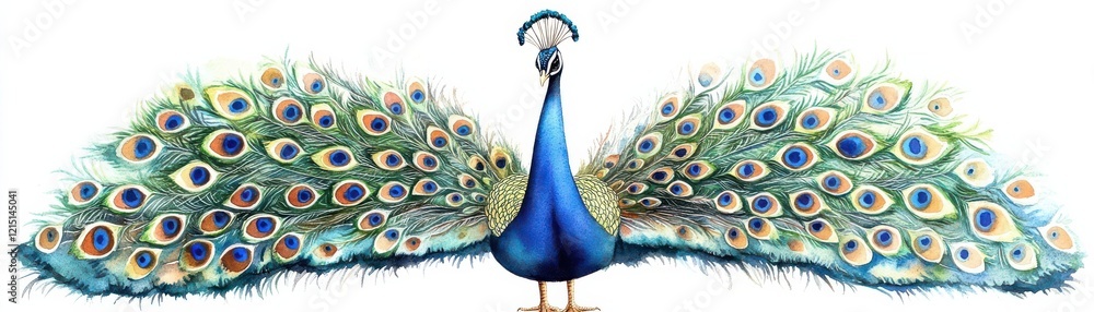Obraz premium Elegant, sophisticated, and vibrant Peacock in watercolor, presenting a mesmerizing Birds-eye view for marketing analysis