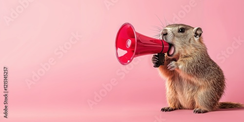 Groundhog screaming into megaphone symbolizes fun around Groundhog Day. Isolated on the pastel pink background. Ads for promotions, advertisement and communication, viral marketing. Copy space. photo