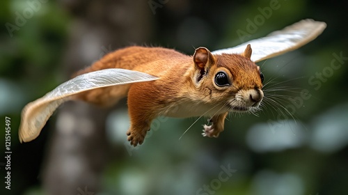 Indian Giant Flying Squirrel Petaurista philippensis phylum Chordata class Mammalia order Rodentia family Sciuridae gliding between trees under moonlight membrane glowing in silver light photo