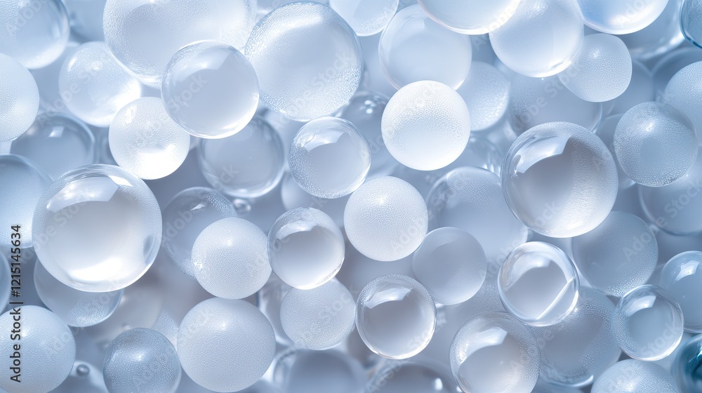 A close-up of translucent spheres, resembling water droplets, creates a visually appealing texture with a soft blue and white palette. A close-up of translucent spheres, resembling water droplets, creates a visually appealing texture with a soft blue and white palette.