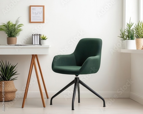 Stylish ergonomic green chair with a white desk, placed near a window with plants photo