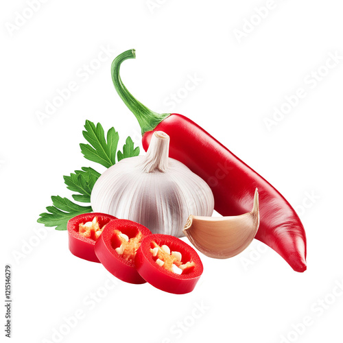 Fresh Garlic slice with red chili on transparent background