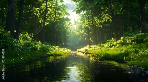 Serene Forest Landscape with Stream and Lush Green Vegetation