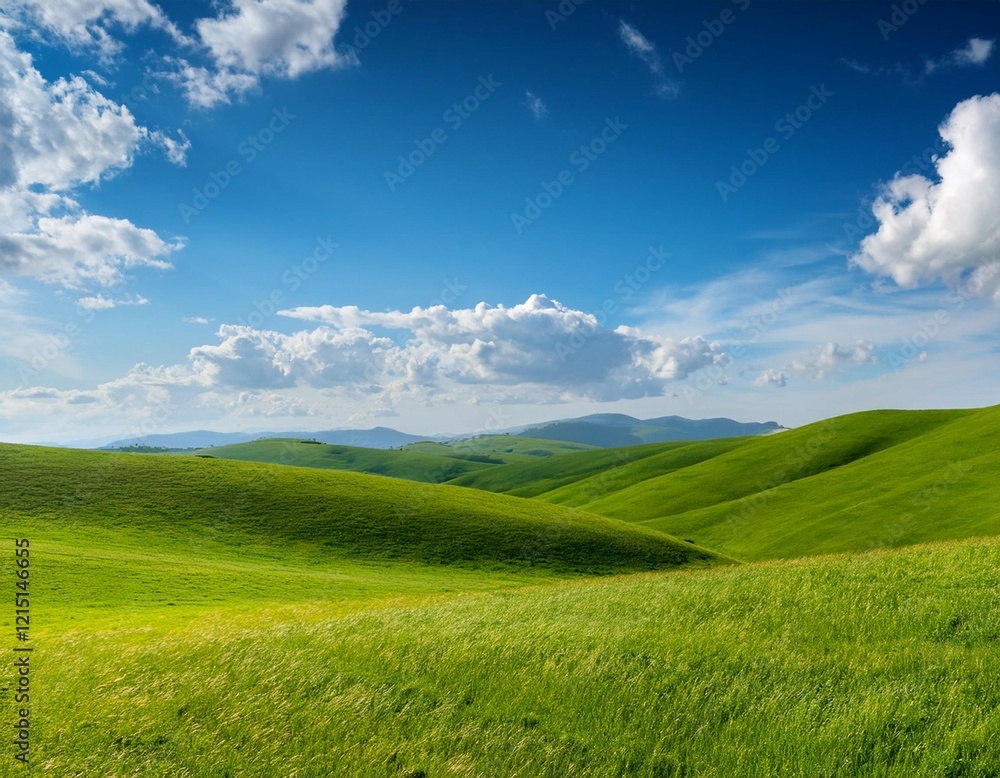 expansive green hills and meadows beneath a clear blue sky with fluffy white clouds expansive green hills and meadows beneath a clear blue sky with fluffy white clouds