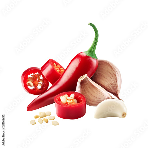 Garlic with red chili slices on transparent background