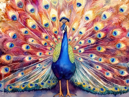 Illustrate a Colorful, Intricate Peacock displaying its stunning feathers in a watercolor artwork photo