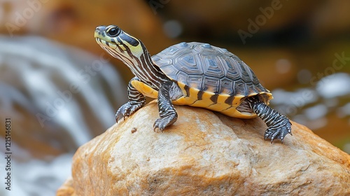 Indian River Terrapin Batagur baska phylum Chordata class Reptilia order Testudines family Geoemydidae basking a sunlit rock by a river its textured shell glowing under warm light photo