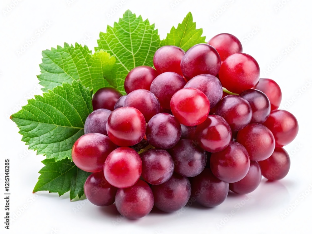 Fototapeta premium Minimalist Red Grapes & Leaf on White Background - Stock Photo