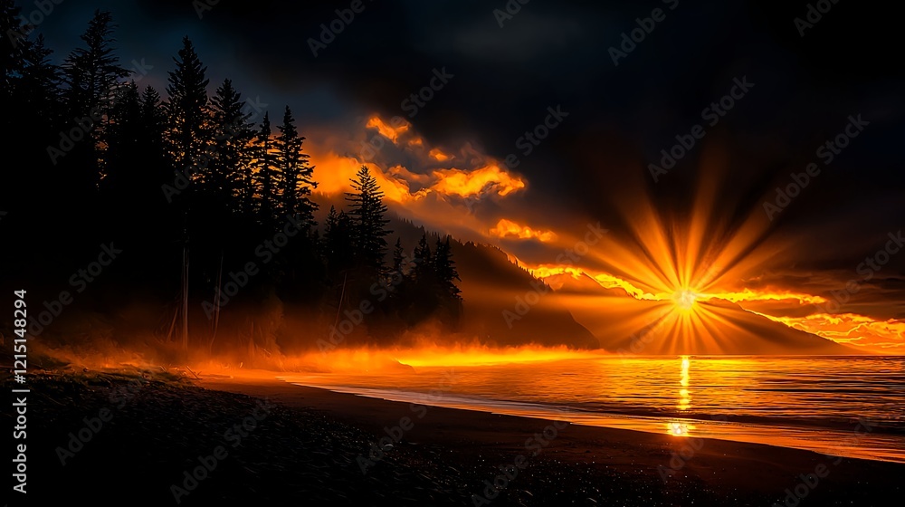Breathtaking Sunset Over Calm Water with Foreground Trees and Mist Breathtaking Sunset Over Calm Water with Foreground Trees and Mist