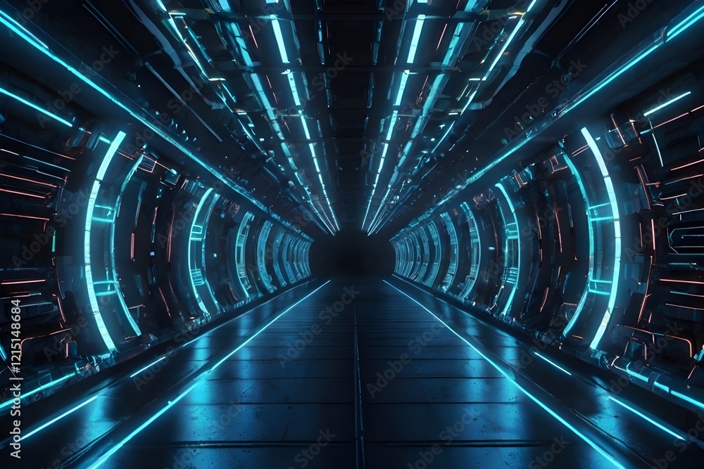 Futuristic Cyber Tunnel with Blue Neon Lights Generative AI Futuristic Cyber Tunnel with Blue Neon Lights Generative AI