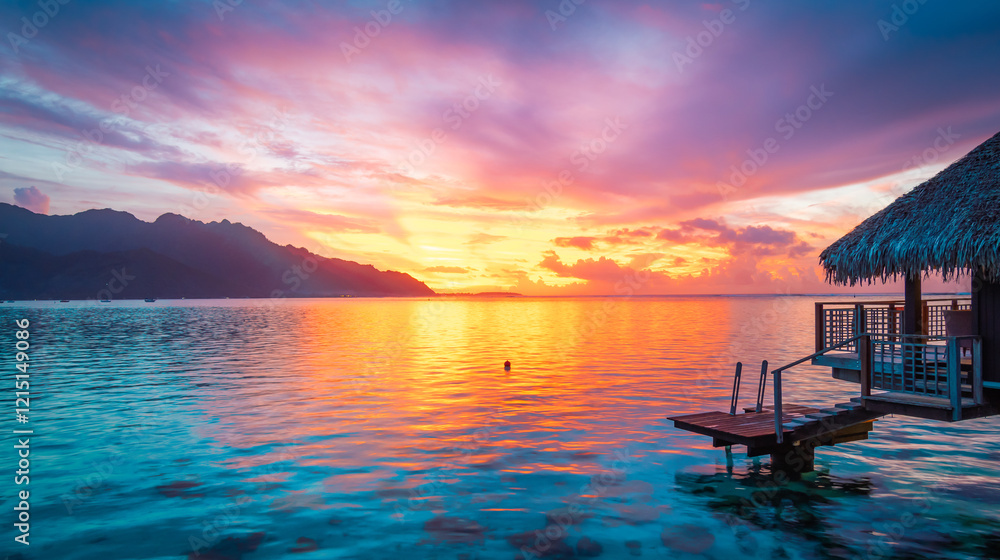 Colorful sky at dusk, Moorea Island, French Polynesia