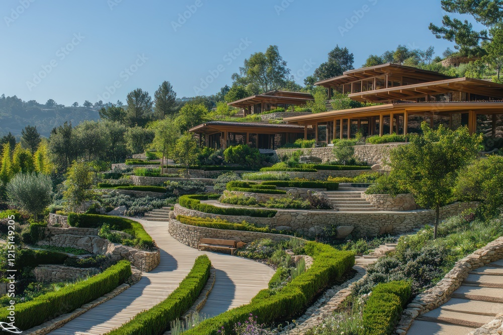 A calming health retreat with cascading terraces, natural wood accents, and manicured gardens A calming health retreat with cascading terraces, natural wood accents, and manicured gardens