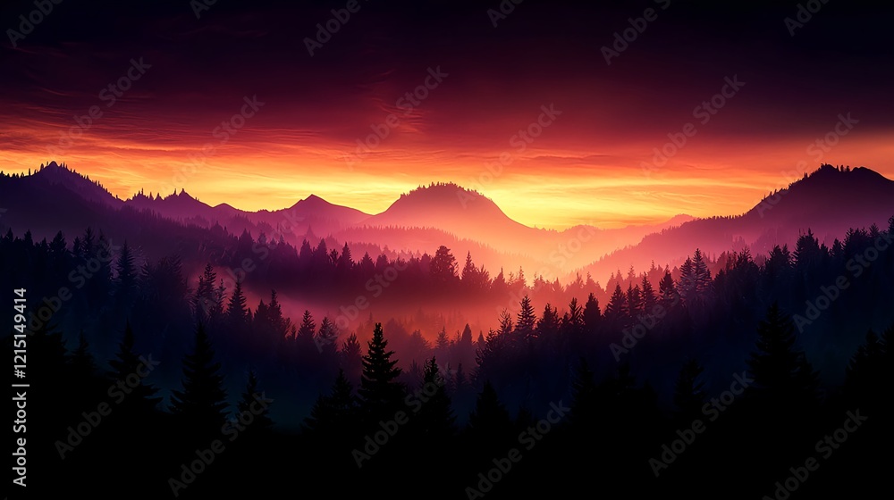 Naklejka premium Majestic Sunset Over a Misty Mountain Landscape in Vibrant Colors