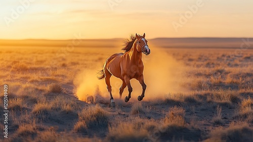 Onager Equus hemionus phylum Chordata class Mammalia order Perissodactyla family Equidae galloping across desert plain its motion highlighted by rising dust and golden sunlight photo