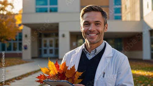 Male doctor embraces autumn beauty while holding vibrant leaves and clipboard outside a healthcare facility during a sunny afternoon