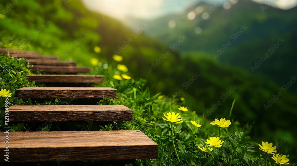 Fototapeta premium Enchanted Pathway Through Greenery with Flowers and Mountain View